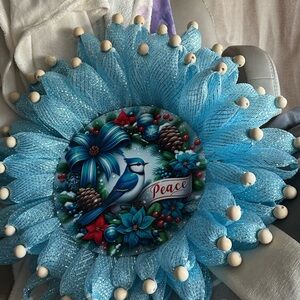 Blue Holiday Wreath with Bird Design